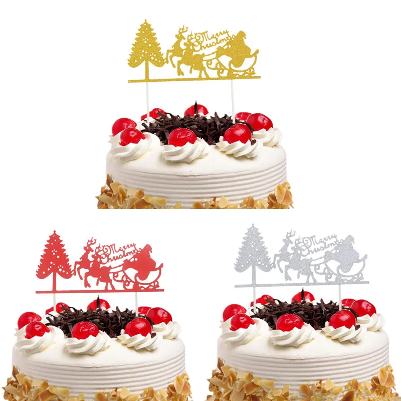 Christmas Red Cake Toppers Flags Santa Claus Elk Merry Christmas Cake Topper Glittler Tree Party Cake Baking Decor Xmas