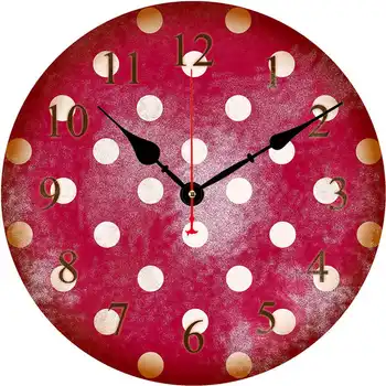 

SHUAXIN Red White Dot Wooden Cardboard Wall Clock,Home Antique Style,Home Living Room Decoration,No Ticking Sound 16 inch