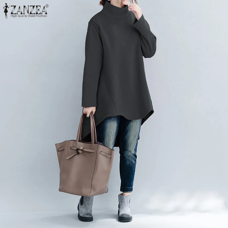 

ZANZEA 2020 Autumn Women High Collar Sweatshirt Long Sleeve High Low Pullover Casual Sudadera Mujer Plus Size Womens Clothing