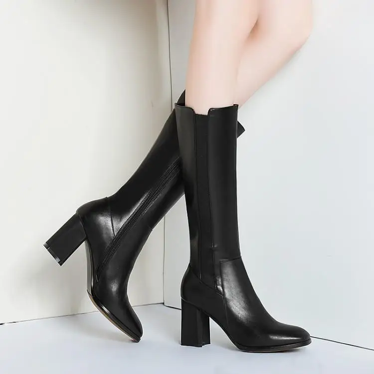 

High heel leather thick with high boots female knight boots square head side zippers tide layer cowhide boots