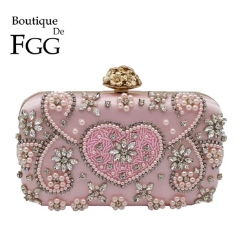 

Boutique De FGG Vintage Pink Beaded Clutch Women Evening Bags Heart & Flower Wedding Crystal Clutches Handbags Bridal Purses
