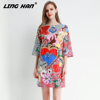 

LINGHAN Elegant Print Mini Dress Woman Luxury Diamonds Slim Half Sleeve Party Dresses Designer Spring Summer New
