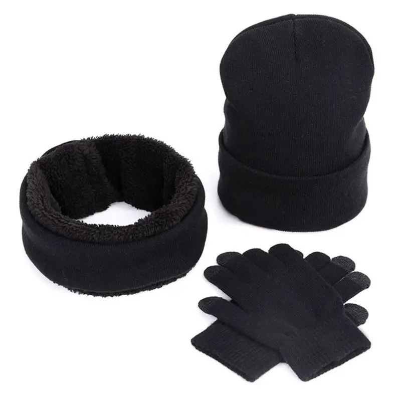 Зимняя шапка бини, шарф бесконечности, перчатки с сенсорным экраном, комплект из 3 предметов, вязаная шапка с толстой плюшевой подкладкой, теплые зимние лыжные перчатки, Новинка - Цвет: 6EE703034-BK