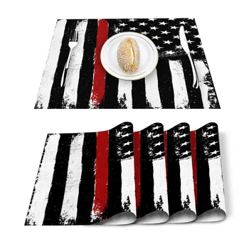 

American Flag Red Black Placemat Washable Cotton Linen Table Cloth Pad Mat Rectangle Placemats Heat Resistant