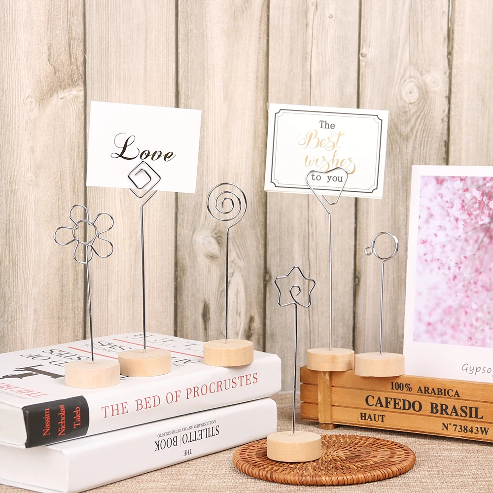 Wooden Base Photo Clip Picture Frame Iron Card Holder Home Desktop Ornament Message Folders Round Frame Decor Tools