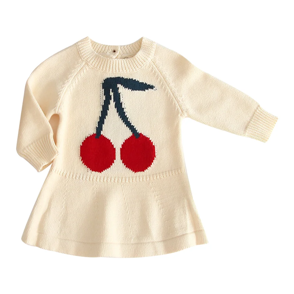 Одежда для маленьких девочек; большой теплый свитер с вишнями; платье для маленьких девочек; осенне-зимний вязаный свитер; платье в клетку; милая кукла