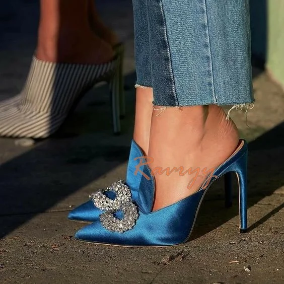 

Pointy Toe Stiletto Blue Stain High Heels Women's Sexy Silk Rhinestone Buckle Outside Wear Slippers Summer Party Luxury Pumps