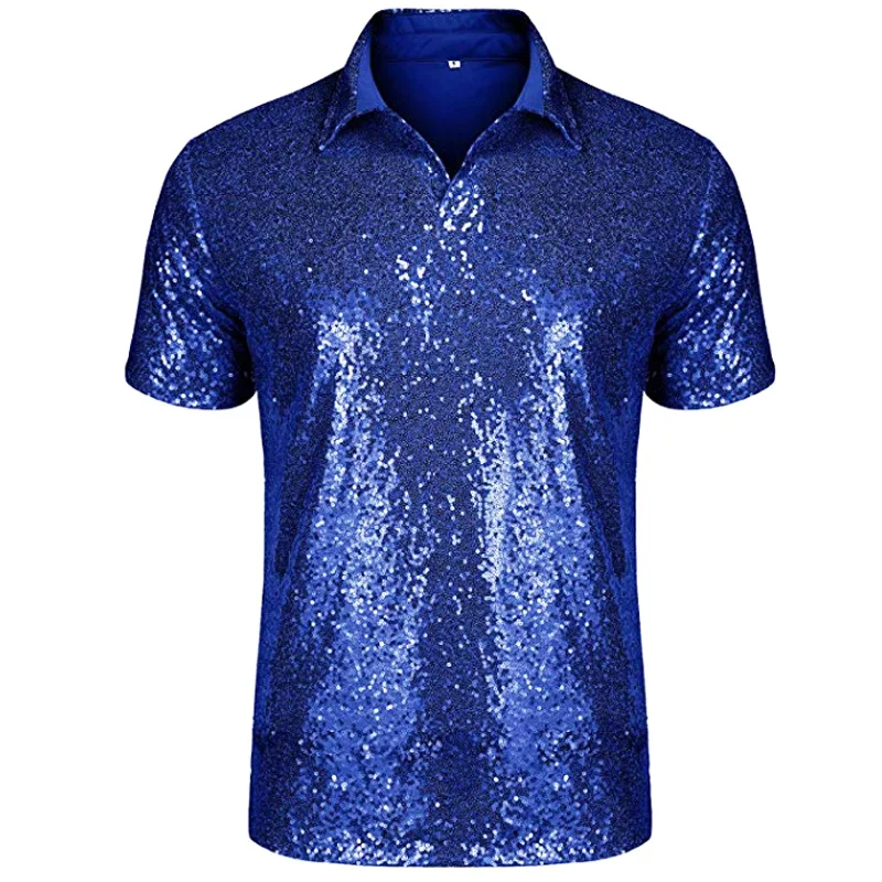 royal blue Блестящая Королевская Синяя Мужская рубашка поло с блестками для дискотеки, танцев, вечеринки, мужские модные рубашки поло для ночного клуба, бара, сценический костюм, Мужская одежда, США - Цвет: royal blue