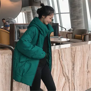 

Winter Jacket Women Fashion Hooded Parkas Padded Coat Lady Mid-Long Thick Down Jacket Short Plus Size Korean Black White Loose