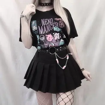 

kuakuayu HJN Neko Mancer T-Shirt Unisex Cute Aesthetic Grunge Black Tee Satantic Gothic Clothing Witch Shirt