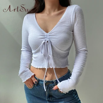 

Artsu 2020 Ribbed V Neck White Sexy Crop T-shirt Lady Long Sleeve Cotton Tshirts Women Ruched T Shirt Tops Tees AS41263