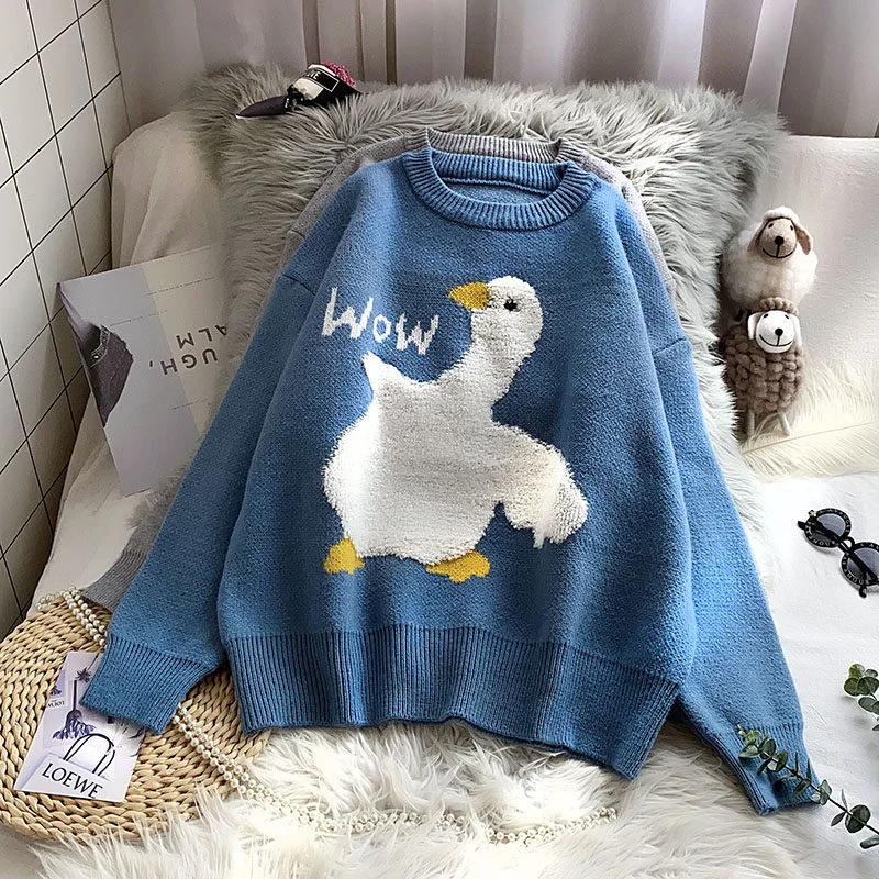 Cartoon Duck Print Knitted Sweater Women Sweet Cute Loose Korean