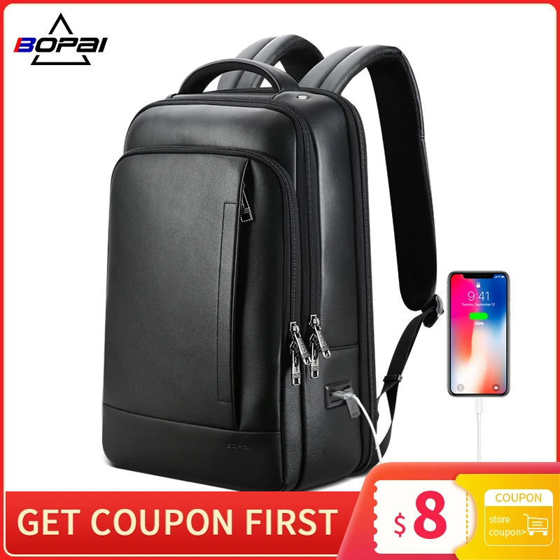 BOPAI Genuine Leather Backpack Laptop Mens Business Casual Waterproof Back Pack Male Computer Bagpack Black Backpacking