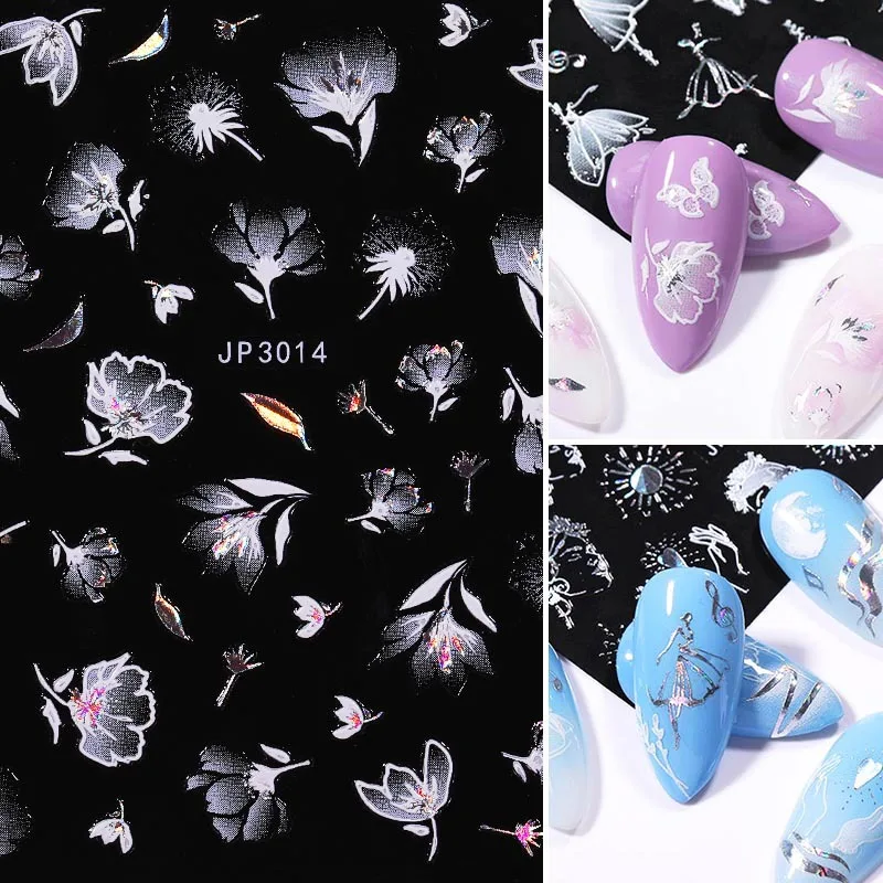 

5D Flower Butterfly Nail Stickers Slider White Laser Transfer Decals Wraps Decoration DIY Tips Nail Art Manicures Accessories