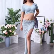 Женский комплект для танца живота, топ с короткими рукавами+ длинная юбка, 2 предмета, женский костюм для танца живота, набор для упражнений, T4068