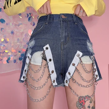 

Summer Women Europe and America Chain Sexy Denim Ripped Shorts Young Girl Vintage Harajuku Style High Waist Shorts Mori Girl