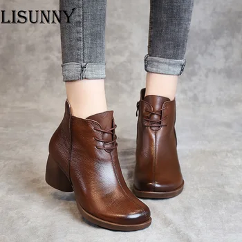 

2020 new Spring Autumn Women Boots Genuine Leather Thick Heels Ankle For Women Shoes Retro Handmade Zipper Short Boots