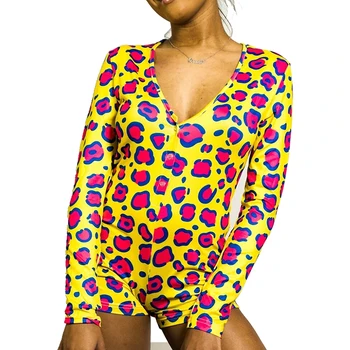 

Fashion Sexy Women Flower Bodysuit Long Sleeve Deep V Neck Bodycon Stretch Leotard Jumpsuit Feminine Jumpsuit Home Wear Pajamas