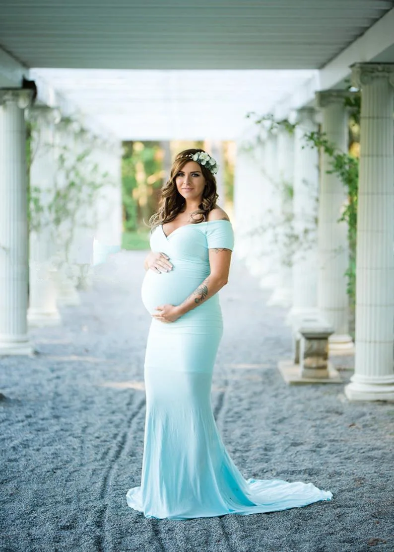 Elegence Shoulderless Maternity Shoot Dress Cute Pregnancy Photography Dress For Baby Shower Pregnant Women Maxi Gown Photo Prop (1)