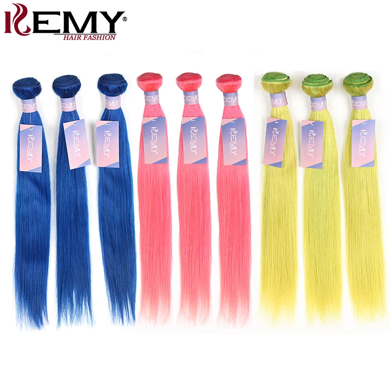 

Pink Blue Green Purple Bundles KEMY 10-26 Inch Pre-Colored Brazilian Straight Human Hair Weave Bundles 3/4 PCS Non-Remy Bundles