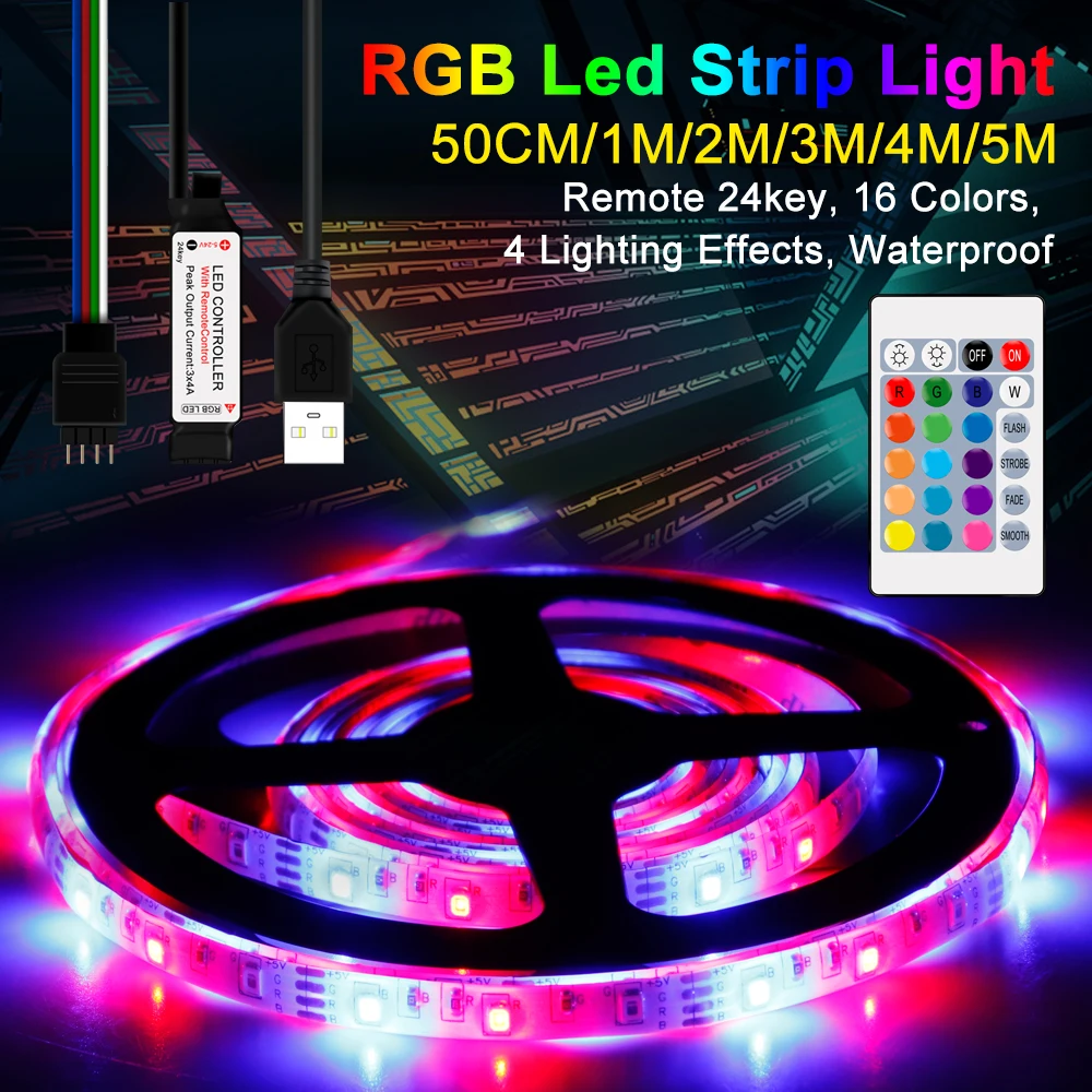 Светодиодная лента RGB, светильник 5 В, светодиодный светильник, лента 2835, водонепроницаемая светодиодная лента rgb IP65, Светодиодная лента с подсветкой, Гибкий контроллер 0,5 м~ 5 м