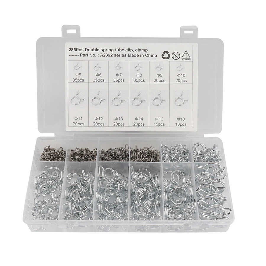 285pcs Φ5φ18 Double Wire Fuel Line Hose Tube Spring Clamps Kit For Car Motorcycle Rv Auto