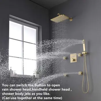 

Bathroom Luxury Thermostatic Brass Rectangular 12 x 8 Inch Rainfall Shower System With 4 PCS Body Jets Mixer Set (Brushed Gold)