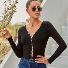 Special Price New Women's Black Long-sleeved Shirt V-neck Slim Button Cardigan Lotus Lace Cropped Short T-shirt Autumn Sexy Lady Party Wear Special Price New Women's Black Long-sleeved Shirt V-neck Slim Button Cardigan Lotus Lace Cropped Short T-shirt Autumn Sexy Lady Party Wear