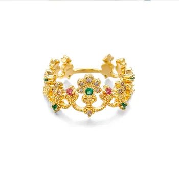 

Vermeil Gold Retro Baroque Style Delicate Lace Flower Crown Ring, Cute Colored Natural Zircon Ring, Lovely Girls Birthday Gift