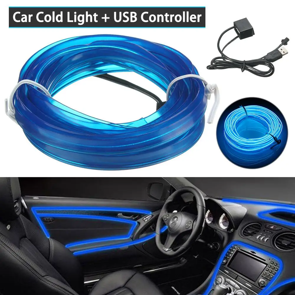 

3M Car Interior Light USB Blue LED Light Glow Car LED Cold Light EL Wire String Strip Rope Tube Car Interior Decor 5V USB Kit