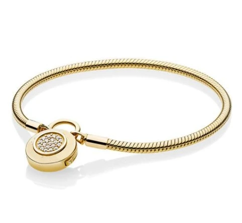 Браслет из стерлингового серебра 925 пробы, золотой цвет, логотип, фирменный замок, гладкий браслет змея, подходит для бисера, шарм, модные украшения