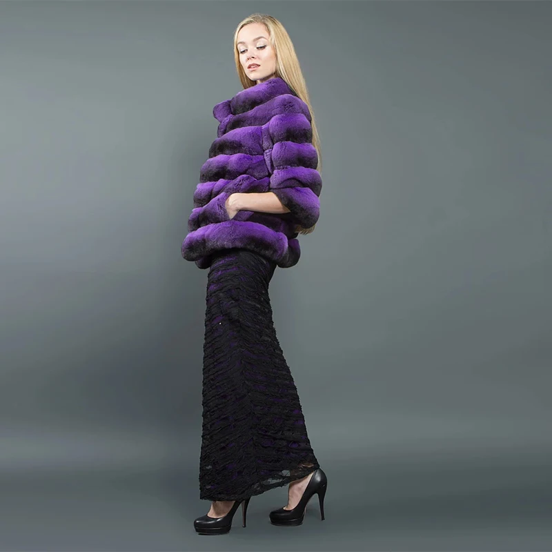 FURSARCAR 2021 New Chinchilla Fur Natural Real Rex Rabbit Fur Coat Winter Women  Warm Purple Genuine Jacket With Collar