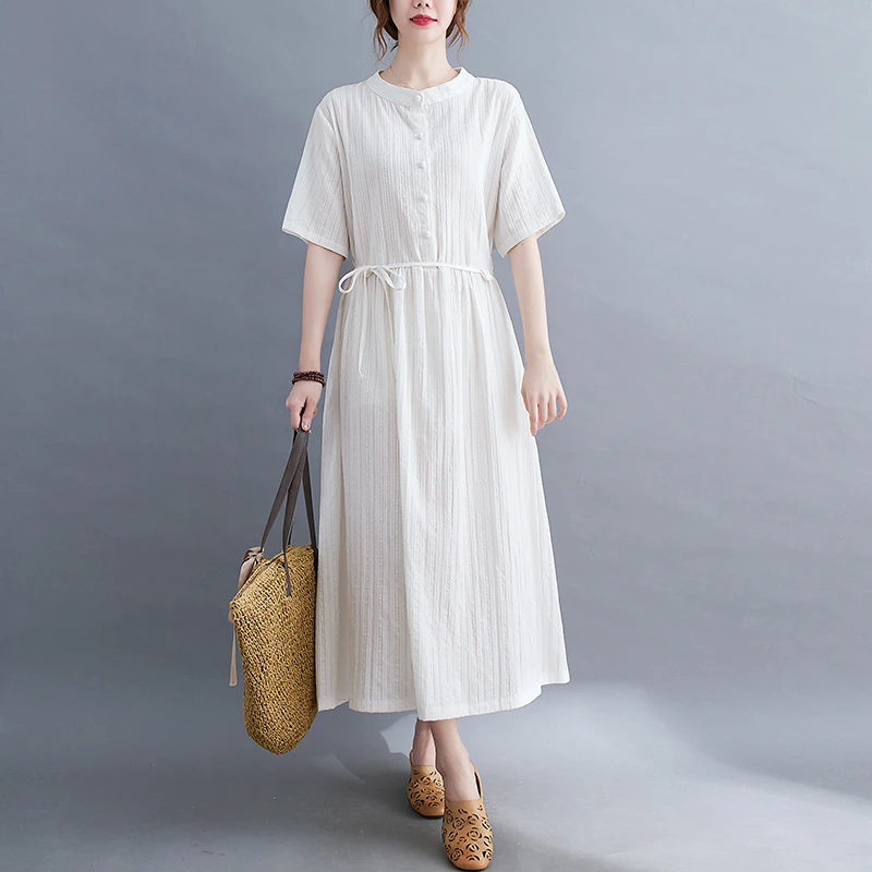 Korean Fashion Style Cotton Linen Chic Green Summer Dresses For Women 2025 Casual Loose Long Office Ladies Dress Elegant Clothes