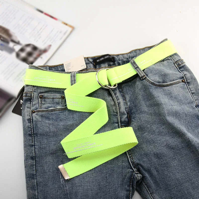 Unisex Canvas Belts Letters Printed D Ring Double Buckle Punk Waist Strap Long Fluorescent Green Jeans Women Men Teenager Belt 9