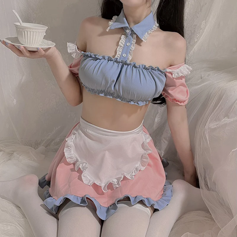 Backless Sweet Pink Women Maid Outfit Sweet Lolita Cute Cosplay Costumes Schoolgirl Uniform Temptation With Skirt Off Shoulder