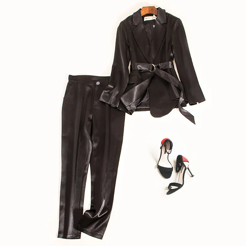 Женская элегантная Офисная Рабочая одежда с длинными рукавами из сатина Блейзер Топ и высокая Талия Длинные брюки карандаш один комплект - Цвет: Черный