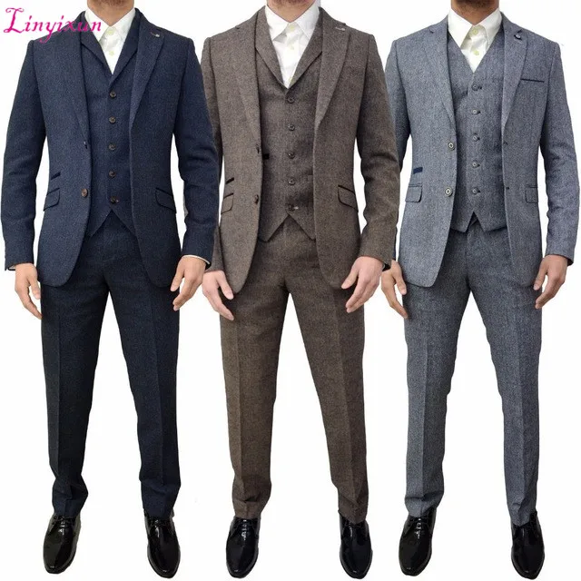 Linyixun Brown Grey Tweed Men Suit Classic Winter Men Suits For Wedding 3 Piece Slim Fit Formal Suit Men Tuxedo Groom Suits Tern