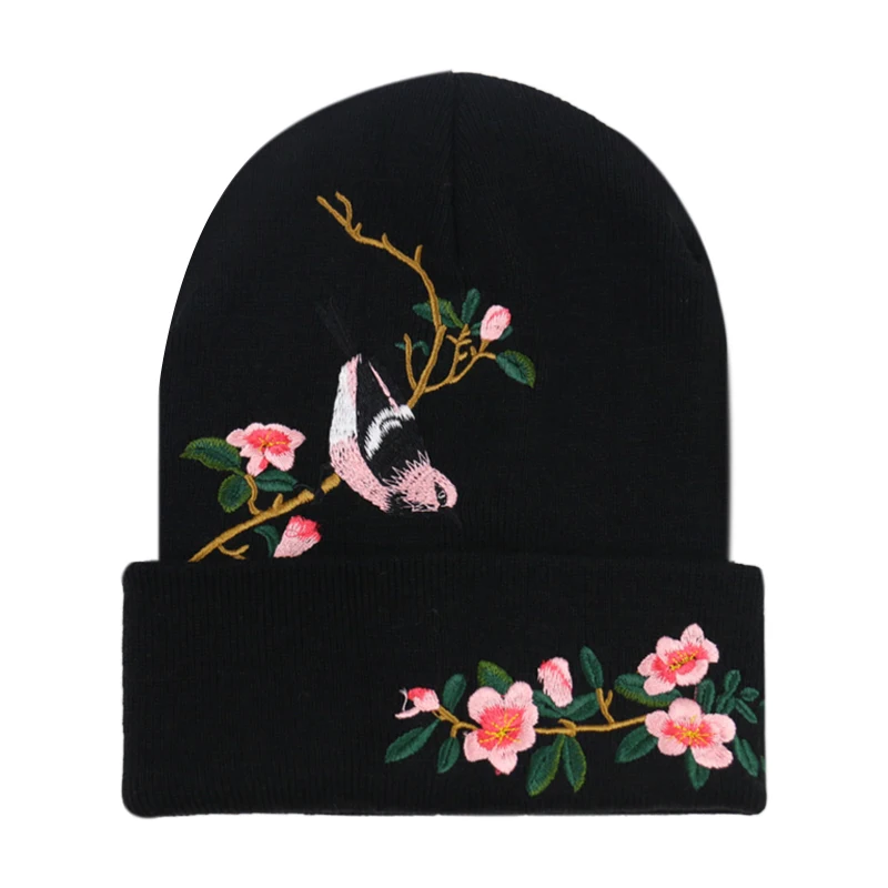

Winfox Fashion Embroidery Knitted Cap Black Bird Floral Beanie Caps gorros mujer invierno Skullies Warm Winter Hats For Women