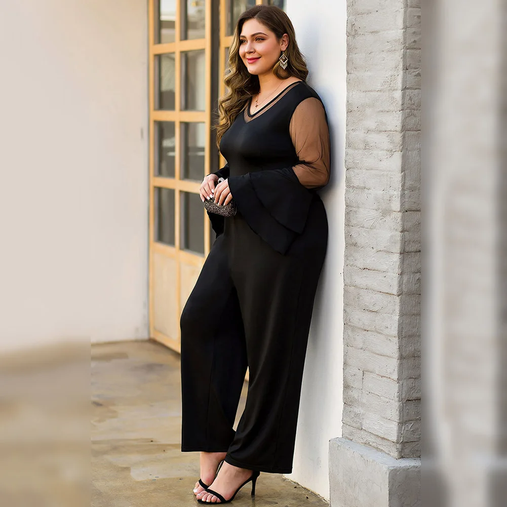 Autumn Large size Rompers Flare sleeve Sexy V Neck Womens Jumpsuit Ladies Party Regular Mesh Sleevee Club Wide Leg Pants