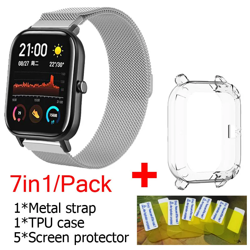 7в1 металлический ремень для huami amazfit GTS ремешок крепкий Магнитный привлекательный ремешок для часов браслет TPU чехол Защитная пленка для экрана - Цвет: silver-silver