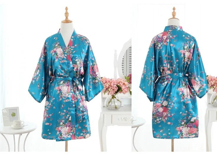 Sky blue Женский халат с цветочным рисунком, короткий халат, свадебное атласное платье для невесты, мини-кимоно, одежда для сна, банная одежда - Цвет: Sky blue