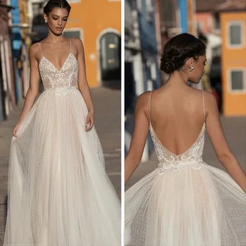 

vestido de noiva Beach Wedding Dress 2020 Boho Bohemian Lace Bridal Dress Sexy Backless Spaghetti Straps V Neck Wedding Gowns