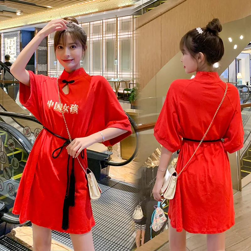

Maternity Clothes 2019 New Style Chinese-style Improved Cheongsam Large Size Pregnant Women WOMEN'S Dress Mid-length Dress