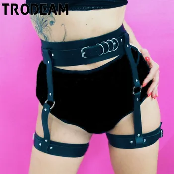 

TRODEAM Leather Body Harness Leg Straps Sexy Stockings Set High Waist Garter Belt Harajuku Leather Suspenders Thigh Harness Cage