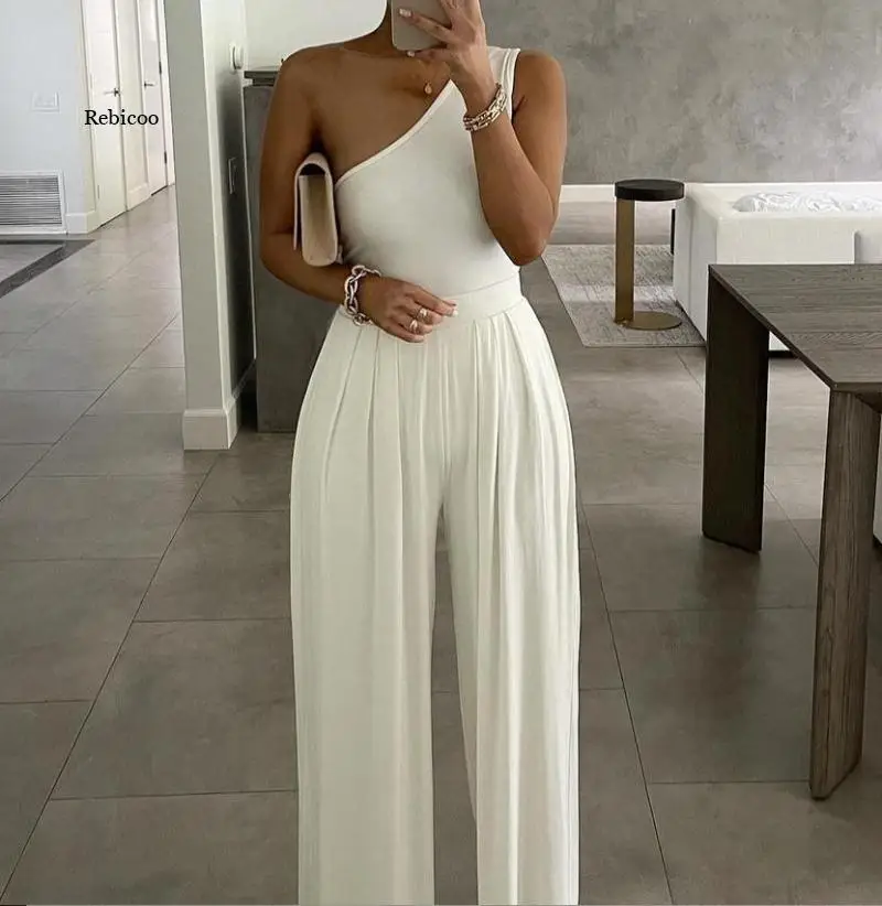 2021 Sexy Women One Shoulder Solid Jumpsuit Spring Elegant Wide Leg Pants Playsuit Summer Sleeveless Loose Beach Overalls Romper spring denim overalls women s age reduction 2021 spring women s new style korean loose foreign style jumpsuit