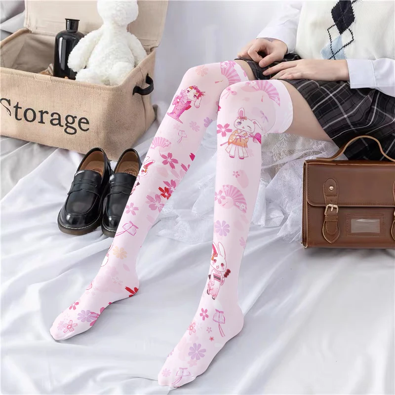 

Cute Cartoon Lady Over The Knee Stockings Pink Rabbit Flower Sexy High Stockings Two-Dimensional Japanese Fashion Girl Stockings