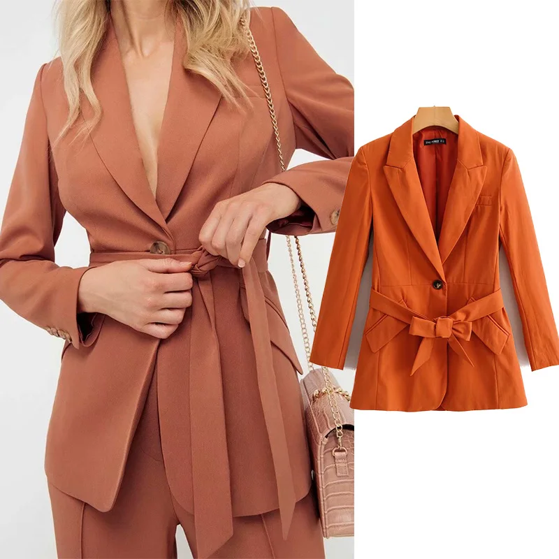 

za 2019 bouble belt bow tie nortched collar blazer women single button pocket casual blazer feminino