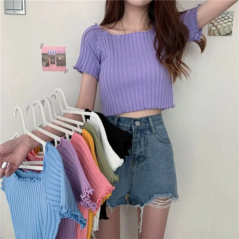 

OUMEA Women Knitting Off Shoulder Crop Tops Summer Lettuce Edge Short Sleeve Skinny Sexy Shorts Tops Solid Color Slash Neck Top