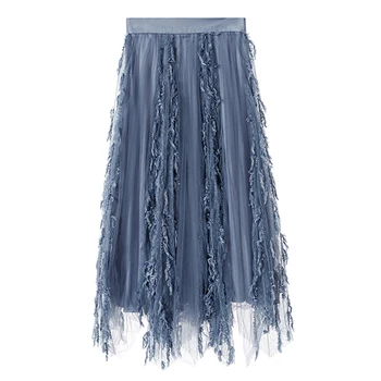 

New white gauze skirt temperament tassel bust skirt of tall waist seam long veil