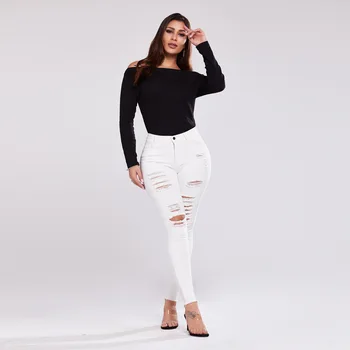 

Urban Casual Jeans Women's White Stretch Hole Washed Slim Ladies Jeans Skinny Feet Trousers Ropa Mujer Verano 2020 Ripped Jeans